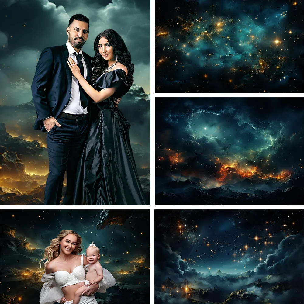 

Photography Backdrop Space Stars Clouds Dark Gold Dark Aquamarine Sky Baby Shower Birthday Portrait Background Photo Studio