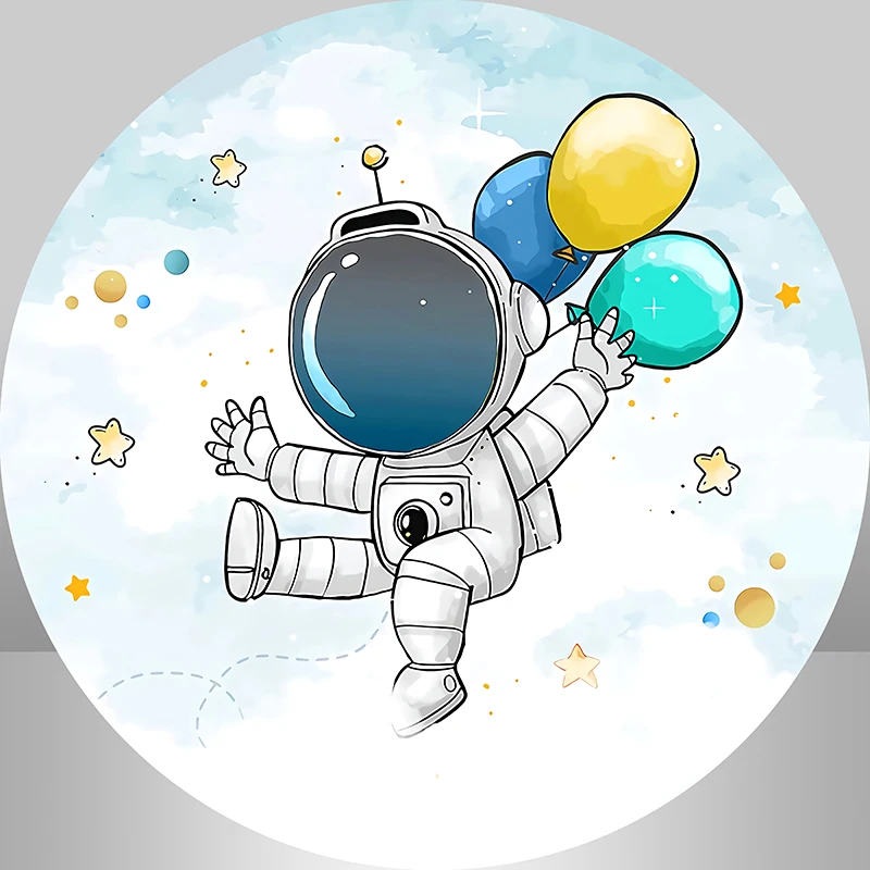 Cartoon Space Astronaut Theme Round Backdrop Cover Little Star Moon Kids 1st Birthday Party Background Plinth Covers Customized