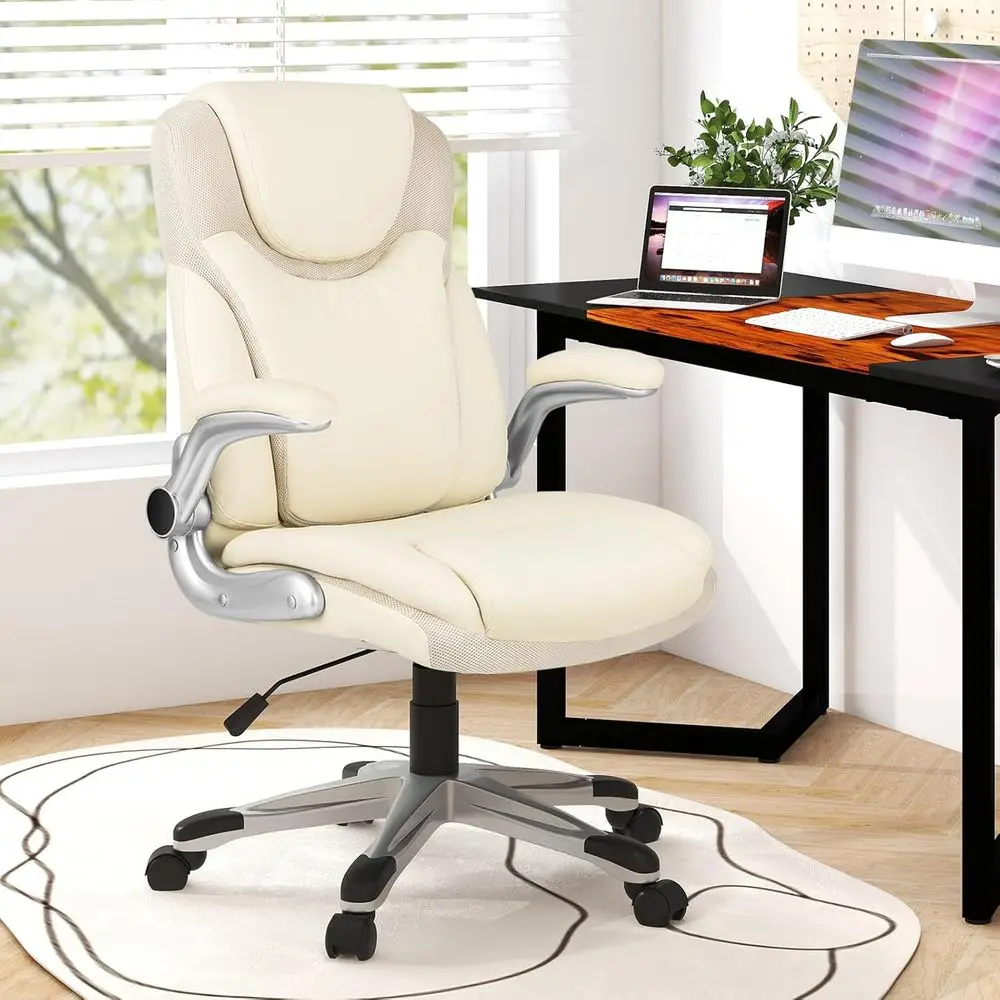 

Ergonomic High-Back PU Leather Swivel Chair with Lumbar Support and Flip-Up Armrests, Beige