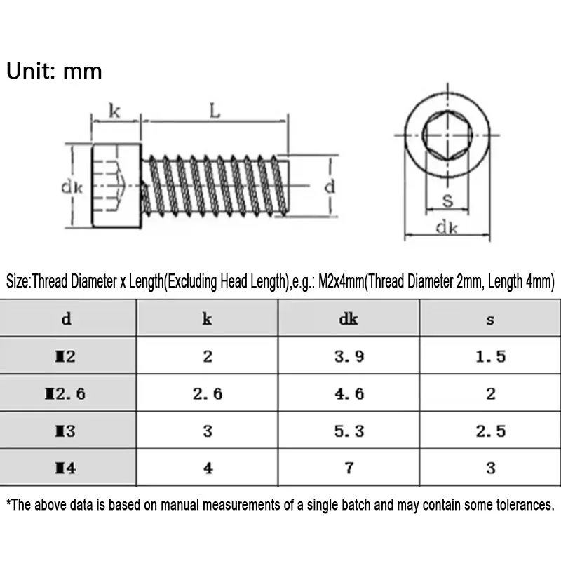 M2 M2.6 M3 M4 Allen Head Flat Tail Self-Tapping Screws Carbon Steel - Black/Nickel Plated Hex Socket Cap Head Self Tapping Screw