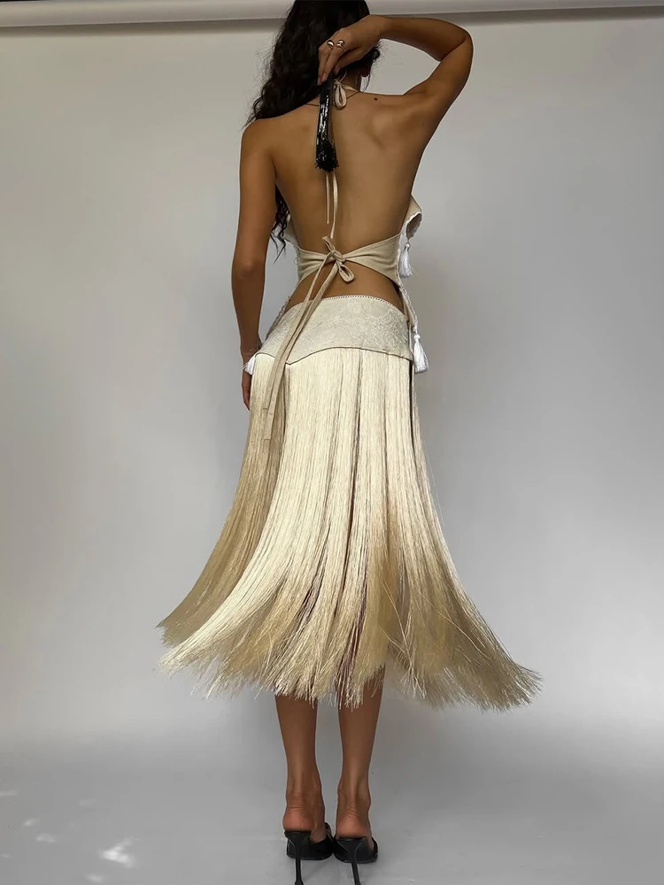 Sisterlinda شرابة الرسن 2 قطعة مجموعة المرأة مثير غير النظامية عارية الذراعين الضمادات تانك القمم المرقعة تنورة الاتجاه الجديد ملابس الشارع الشهير #3