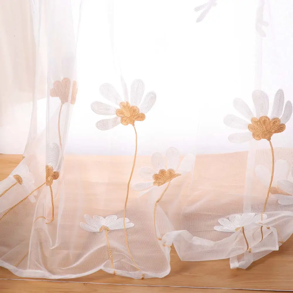 Modern Daisy Flower Pattern Sheer Curtain Transparent Gauze Window Drapes Romantic Pastoral Style Tulle Curtain Living Room