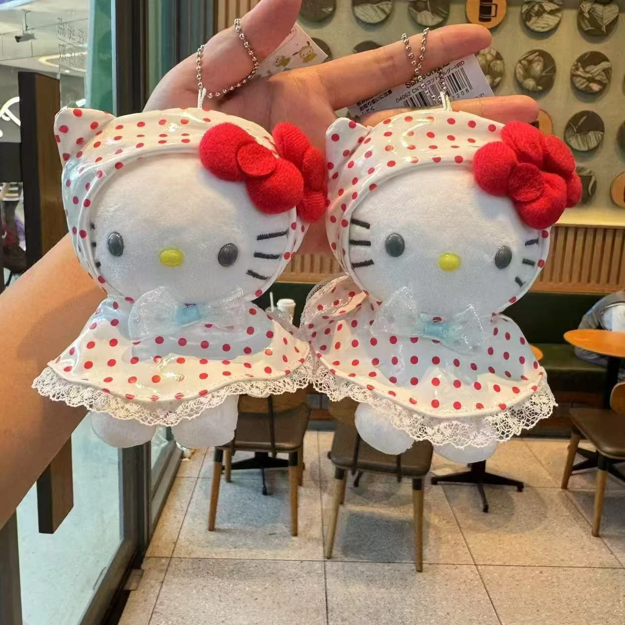 

Cute Kitty Plush Doll Pendant Diy Girls Backpack Bag Accessories Gifts Kitty Plush Keychain Polka Dot Lace Edge Raincoat Style