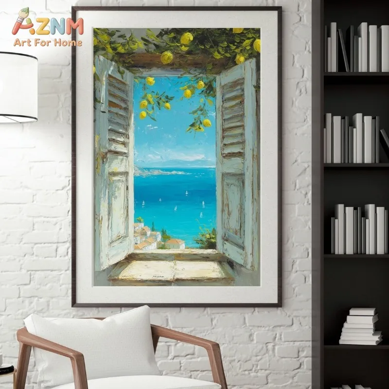 AZNM Santorini Greece Canvas Print Aegean Sea White Building Bougainvillea Blue Ocean Boat Mediterranean Travel Scenery Wall Pos