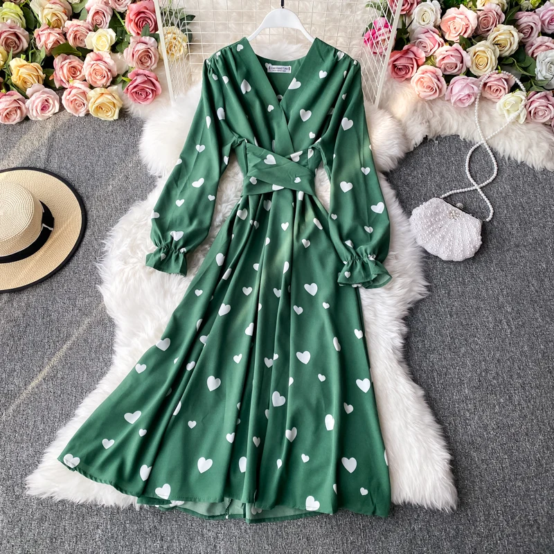 YuooMuoo 2023 New Autumn Romantic Heart Print Women Dress Elegant Bandage Long Sleeve Big Swing Party Vestidos Ladies Vestidos