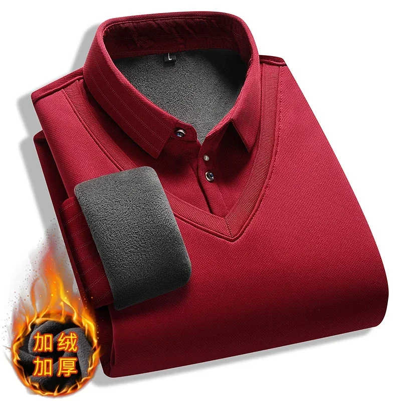 Men Fake Two Piece Pullover Knitted Sweater 2024 Winter Warm Top Thickened Velvet Fleece Lined Shirt Collar Sweater Men Clothes