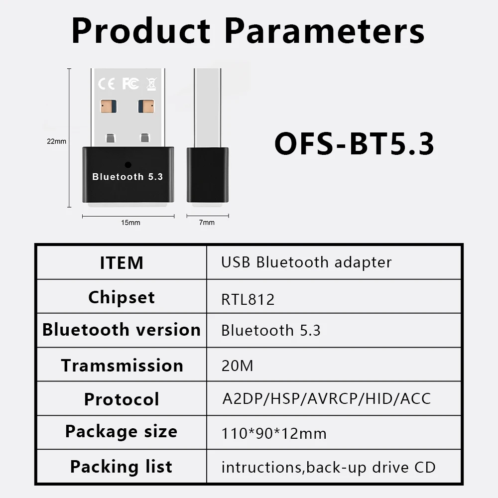 Adaptateur sans fil USB Bluetooth 5.3, récepteur BT, pilote gratuit pour PC, ordinateur portable, 7 appareils, se connectent à 20 mètres de