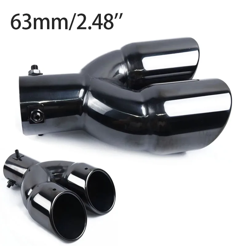 63mm/2.48'' Universal Double Outlet Car Exhaust Tailpipe Muffler Tube Stainless Steel Slip On Gloss Black Chrome Style