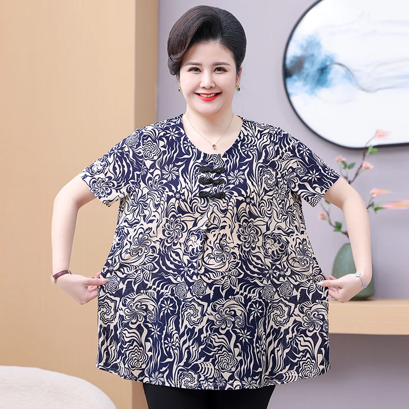 Middle Aged Elderly Women's Clothing Plus Size Summer Vintage Floral Printed Loose T-shirts Casual O Neck 3/4 Sleeve Tops