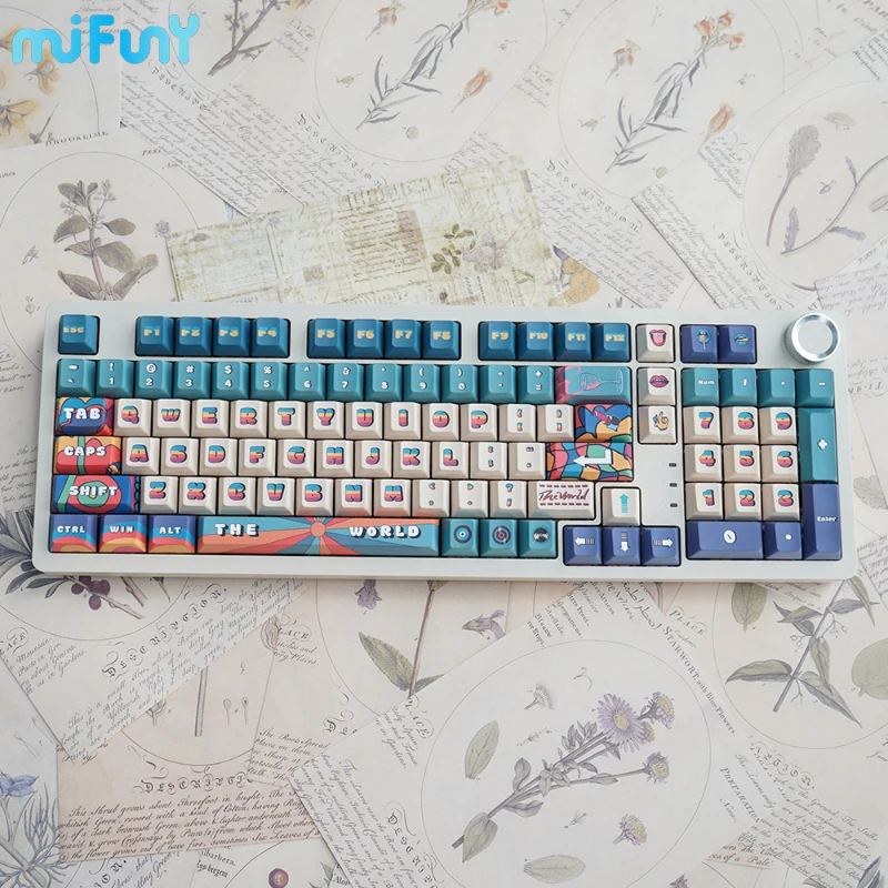 MiFuny Retro Poster Keycap Custom PBT Cherry Profile Rainbow Keycaps 129 Keys for MX 60/65/75/98 Mechanical Keyboard Key Cap