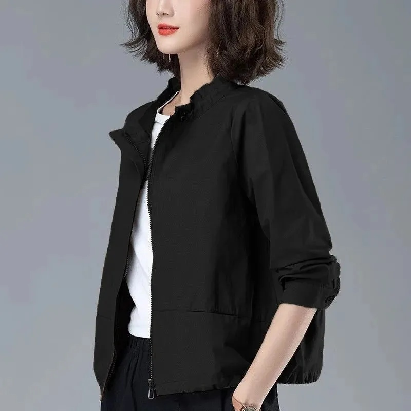 Spring Autumn Zipper Coat Outerwear For Women\'s 2024 New Casual Stand-Up Collar Jacket Top Fashion Short Windbreaker Female