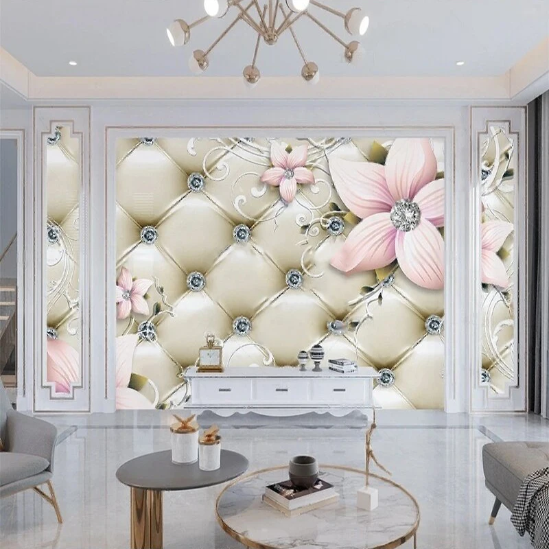 3D High-End European-Style Vintage Pink Flower Diamond-Encrusted Jewelry Soft-Pack TV Sofa Wall Decoration Painting Background