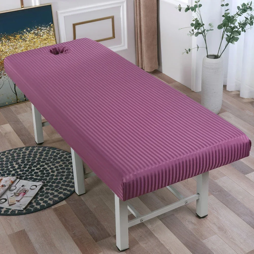1PC Massage Bed Cover Stripe Massage Table Fitted Bed Sheet with Hole Elastic Band Dustproof Durable Anti-wrinkle Waable Bedding