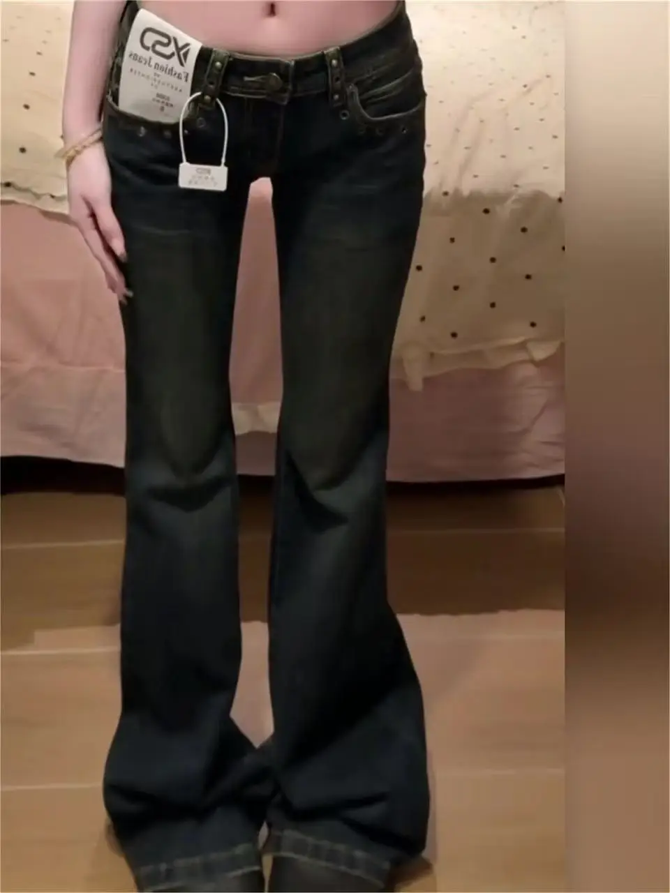 Fashion Y2K Vintage Low Waist Flare Jeans Women Dark Wash Denim Pants Slim Fit Bell Bottom Trousers Streetwear Grunge 2000s New