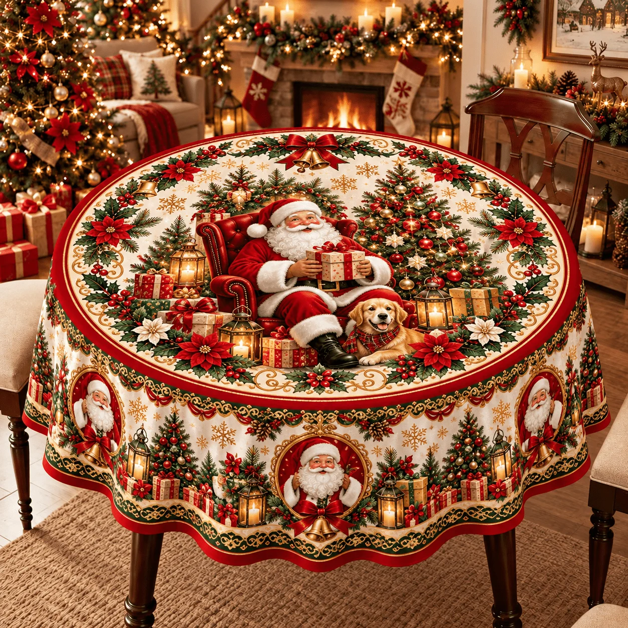 1 round tablecloth, Santa theme polyester round tablecloth, retro red, green and gold holiday print design