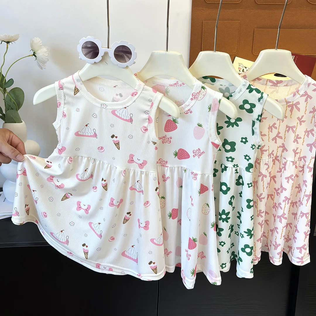

Girls Sleeveless Dress Children Summer Ice Silk Vest Dresses Cute Printed Princess Dress Toddler Kids Casual Clothes For 1-10Y