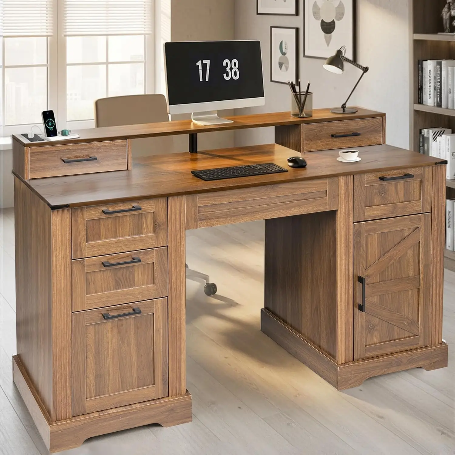 Farmhouse Executive Desk Hutch, 6 Drawers & File Cabinet, Charging Station, Home Office Study Bedroom 59.5