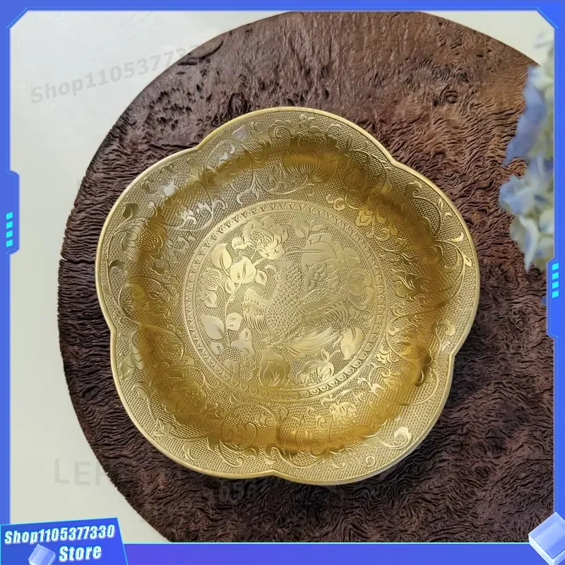 Vintage Brass Fruit Plate with Plum Blossom Carving Retro Copper Tray for Dried Nuts Classical Handicraft Home Decor Ornament