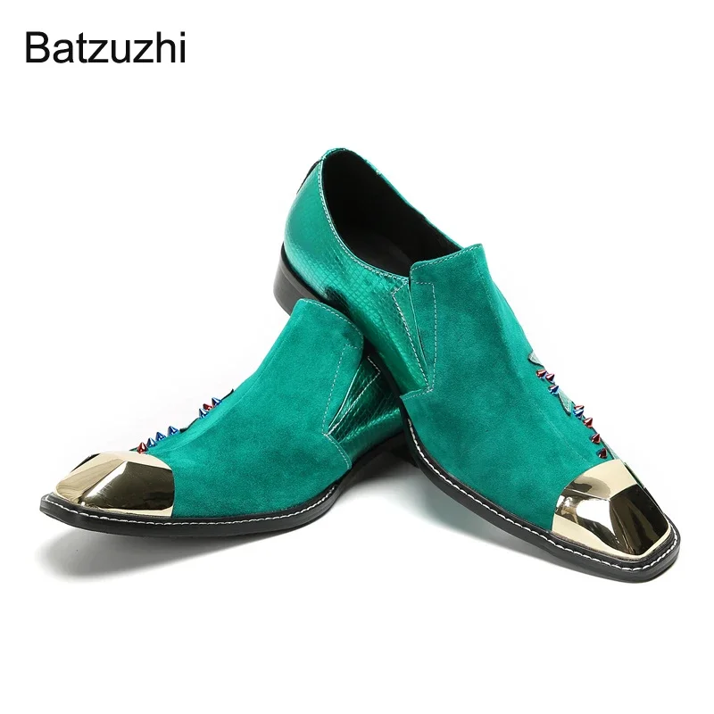 Batzuzhi Blue Personlaity Herrenschuhe Slip-on-Kleiderschuhe aus echtem Leder für Herren, Eisenkappe, modische Party- und Hochzeitsschuhe für Herren