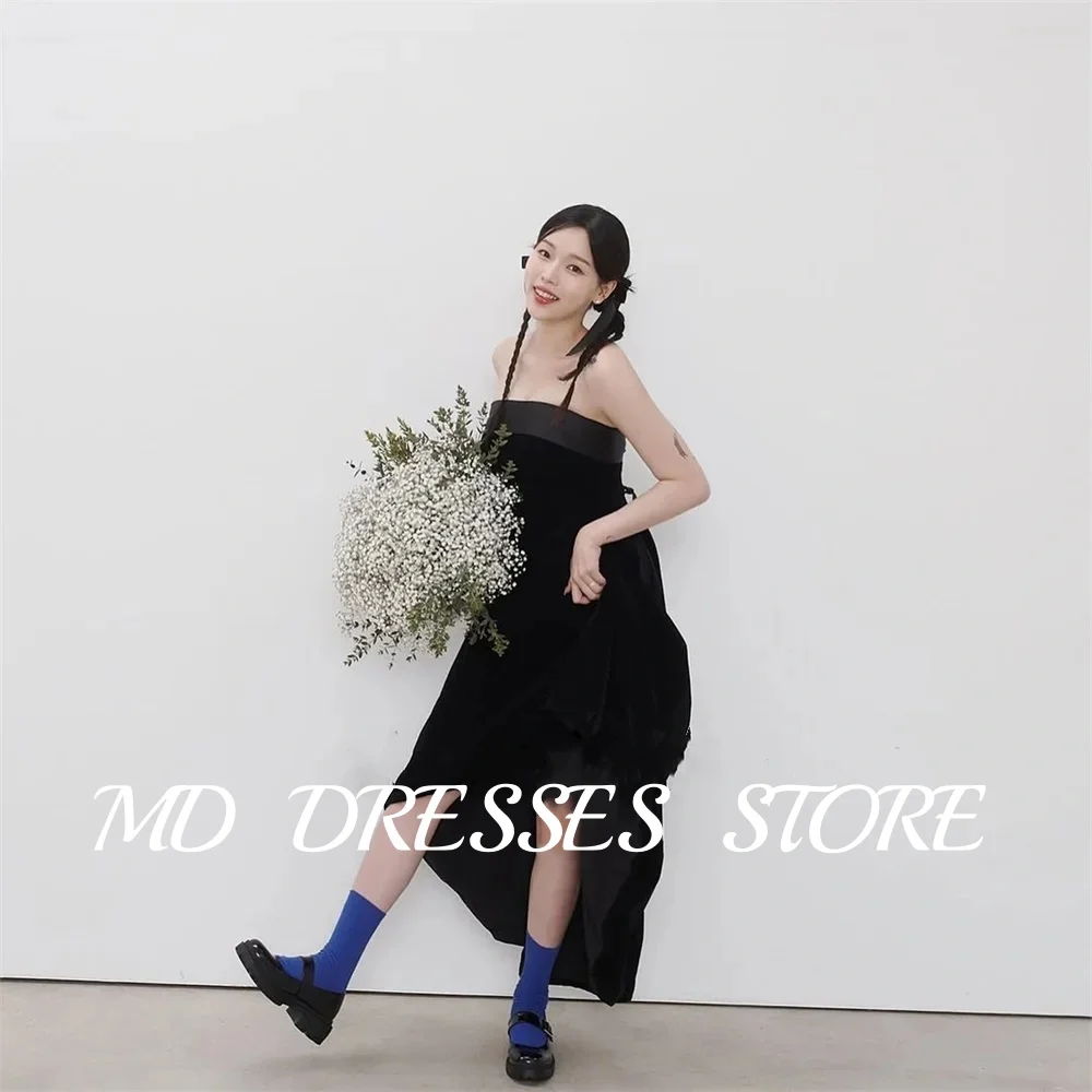 MD Simple Black Velvet Wedding Dresses High Low Strapless Bride Gowns Korea Photo shoot Corset Backless Formal Gown Customized