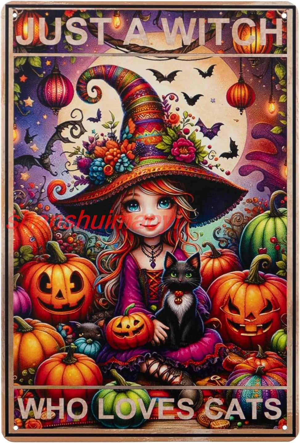 Tzhome Just A Witch Who Loves Cats Halloween Tin Sign,Retro Vintage Metal Sign for Halloween Wall Decor,Home Decor,8x12in SGH