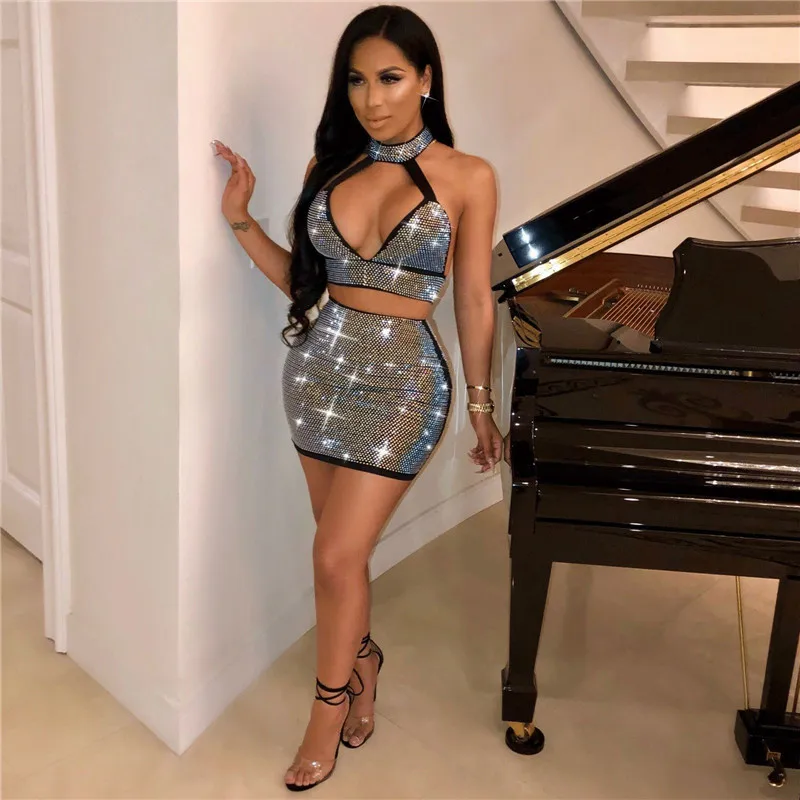 Autumn Sexy 2 Piece Set Women Fashion Party Club Wear Rhinestone Halter Crop Top and Bodycon Mini Skirt Suit Two Piece Dress Set image 2