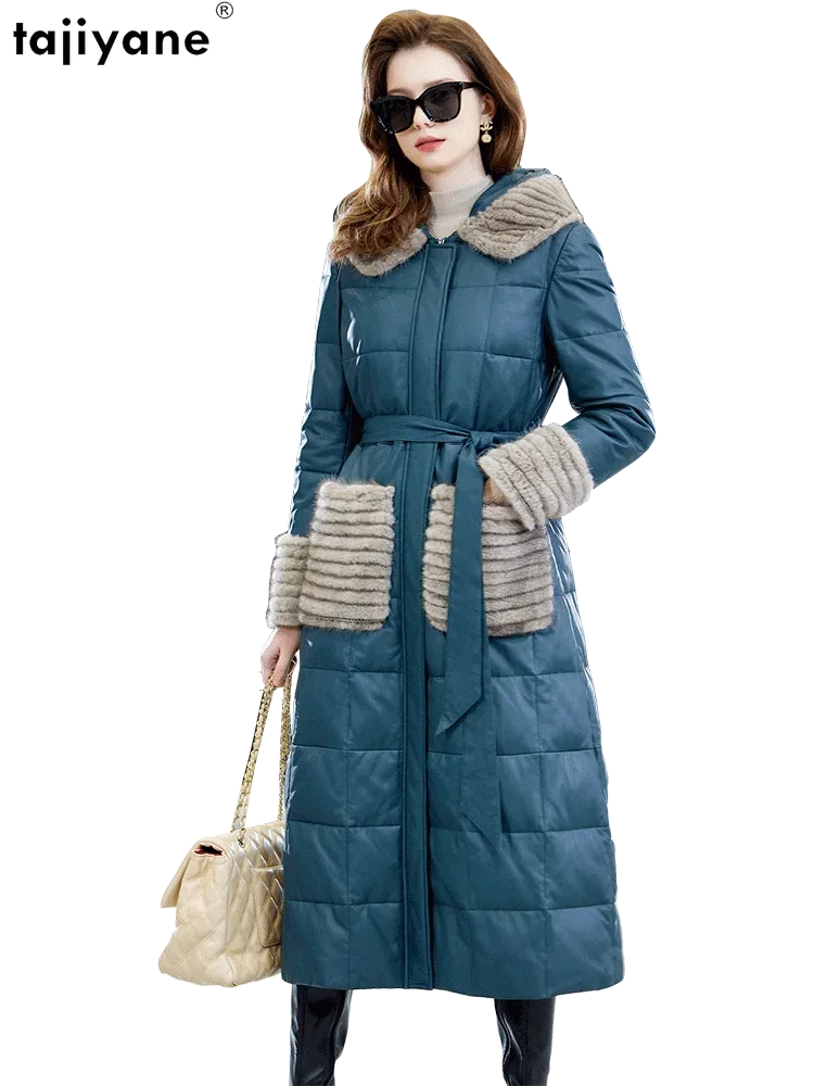 Tajiyane-女性用本革ダウンジャケット,冬用のミッドレングスの衣服,2023本物のシープスキンフード,ジャケット,ミンクの毛皮の襟