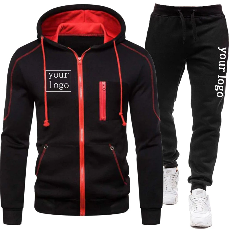 Nova marca personalizada seu logotipo hoodies homens diy casual jaqueta com zíper define inverno moda velo ternos quentes hip hop casaco calças esportivas