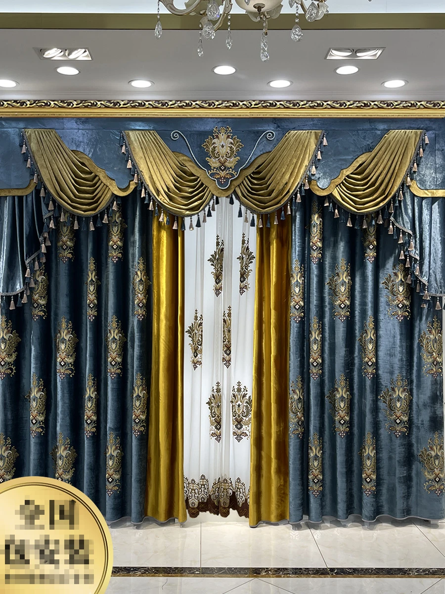 

Custom Upscale living room blue flannelette embroidered villa velvet cloth valance blackout curtain tulle drape C1937