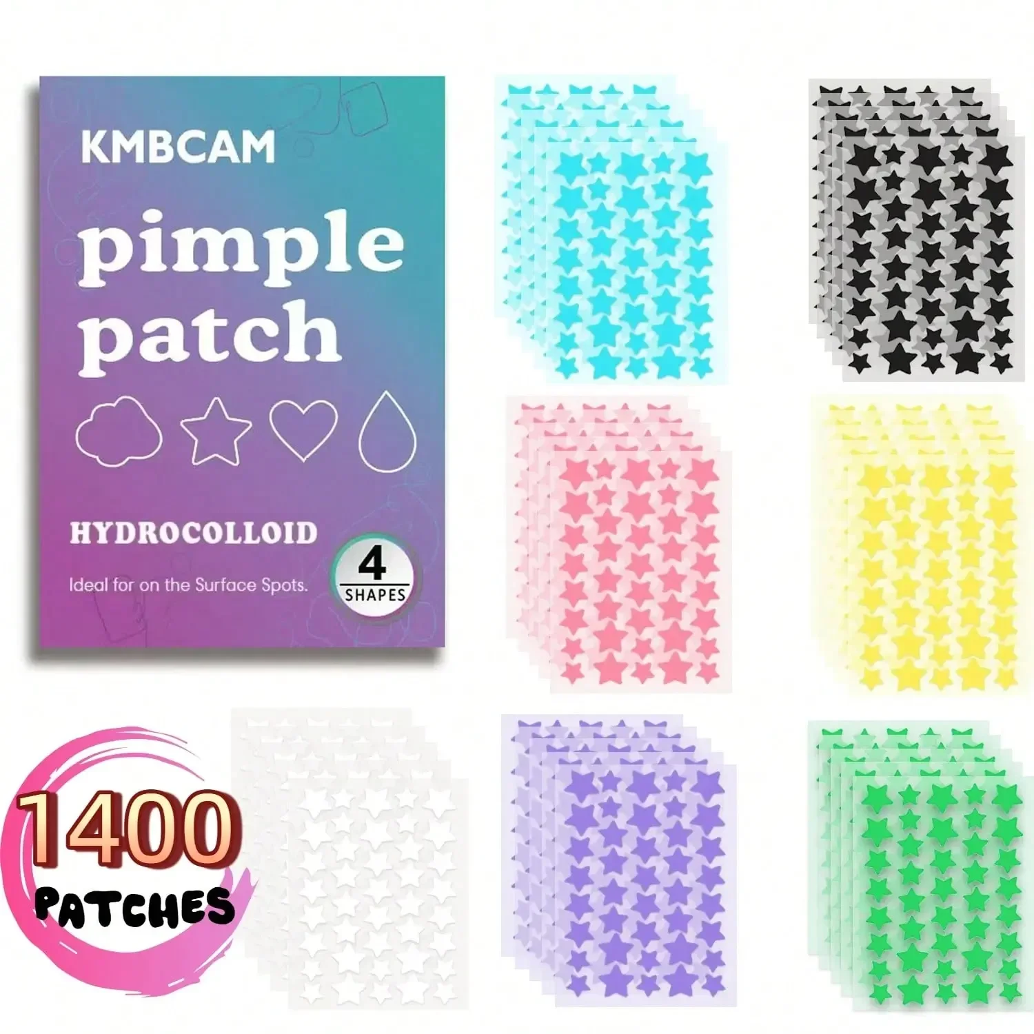 Pimple Patch for Face, Hydrocolloid Cover, Non-Drying, Fragrance-Free, Paraben-Free, Star-Shaped, Multi-Color Teen & Adult Use