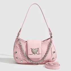 2024 New Women's Heart Rivet Underarm Shoulder Bags Y2K Punk Pink Crossbody Bags Hottie PU Leather Fashion Cool Zip Handbags