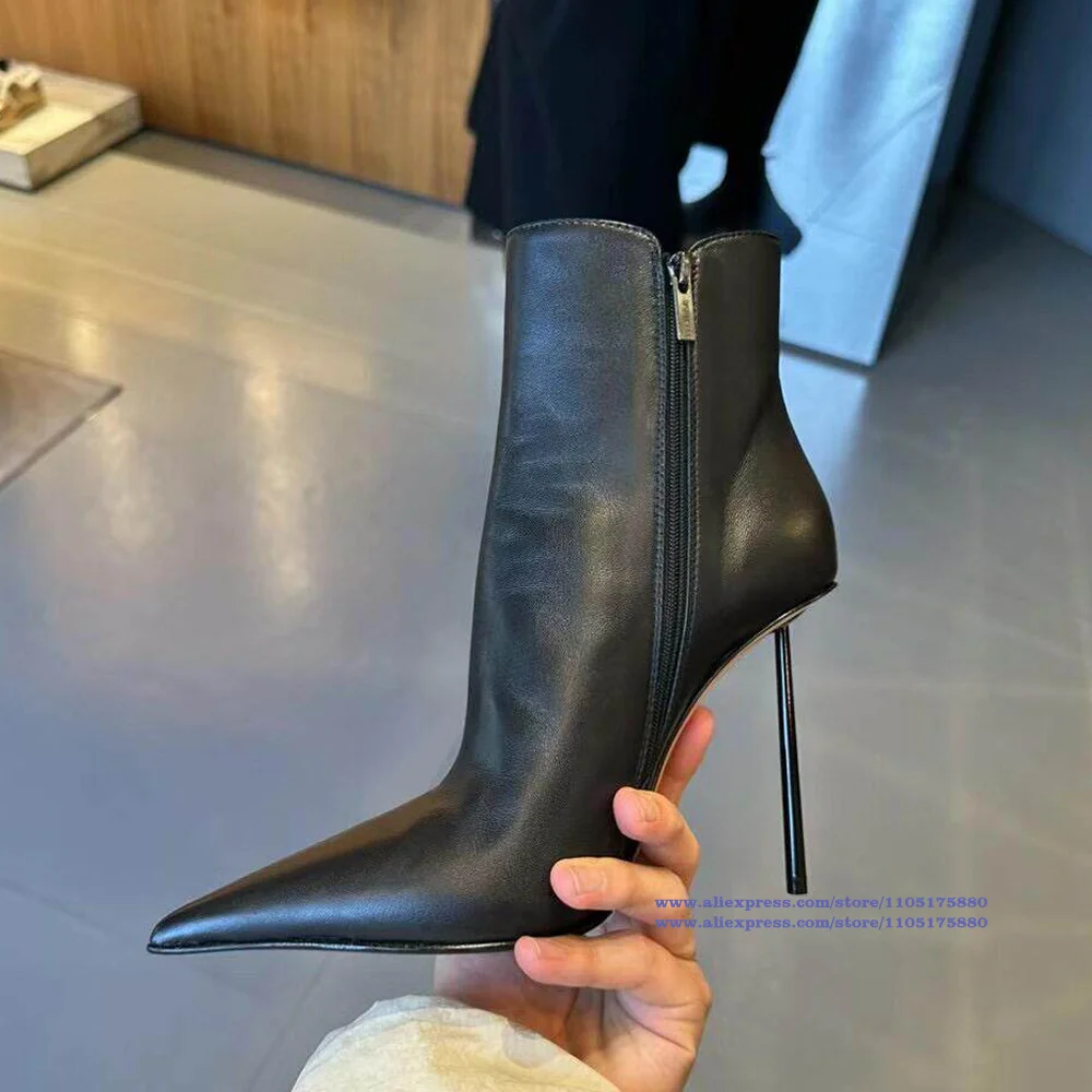 

Matte Black Leather High Heel Ankle Boots Pointed-Toe Side Zipper Stiletto Boots Women's Booties Luxury Designer Botas Mujer