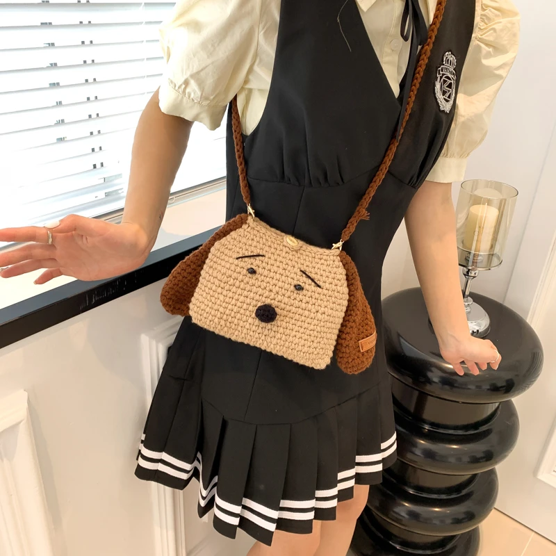 Handmade Woven Bag For Women Woolen Shoulder Crossbody Bag Cute Knitted Cartoon Bag Young Girl Crochet Snoopy Mobile Phone Bag