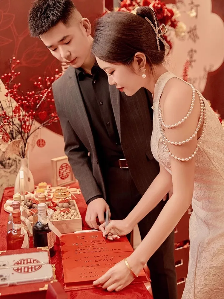 

New Chinese Sle Engagement Dr Tassel oulder Lace Evening Gown Wedding Toasting Suit Bride Morning Robe