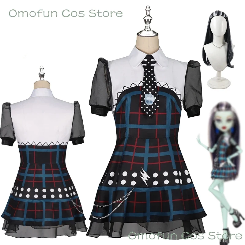 

ABC123Halloween Frankii Costume Wig Monster Zombie Anime Cosplay Clothing Dress Blue Plaid Women School Unifor3;b,6/k'5;