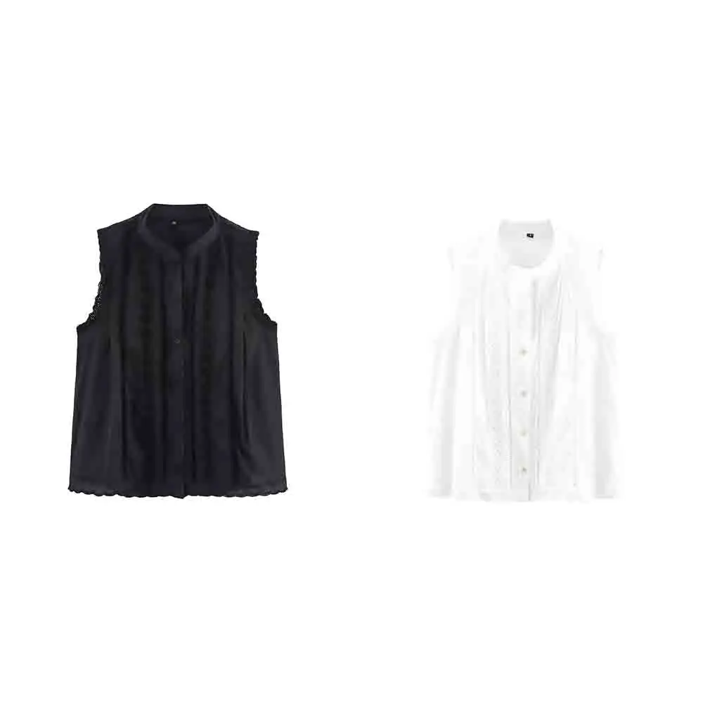 

Women's new fashion vertical lace decoration casual single breasted sleeveless shirt retro women's shirt chic top