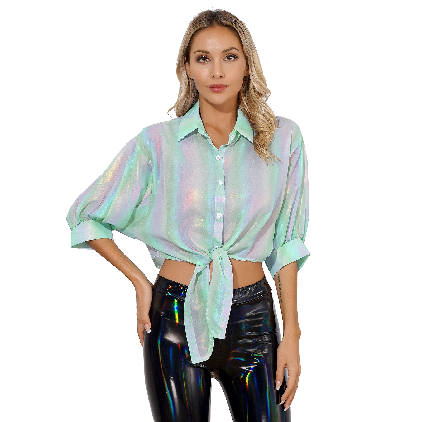 Womens Shiny Cardigan Turn-Down Collar Half Sleeve Button Up Tied Waist Crop Shirt Shrug Blouses Chiffon Shirts Summer Autumn