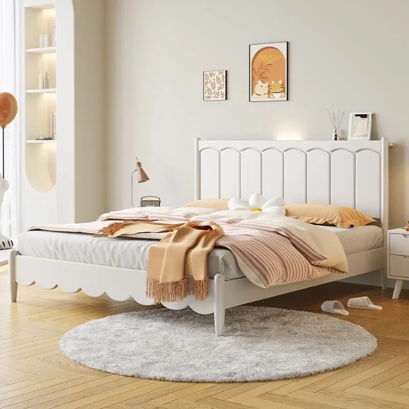 1.8m Cream White Solid Wood Bed Modern Minimalist Double Frame for Master Bedroom Small Apartment Home Furniture