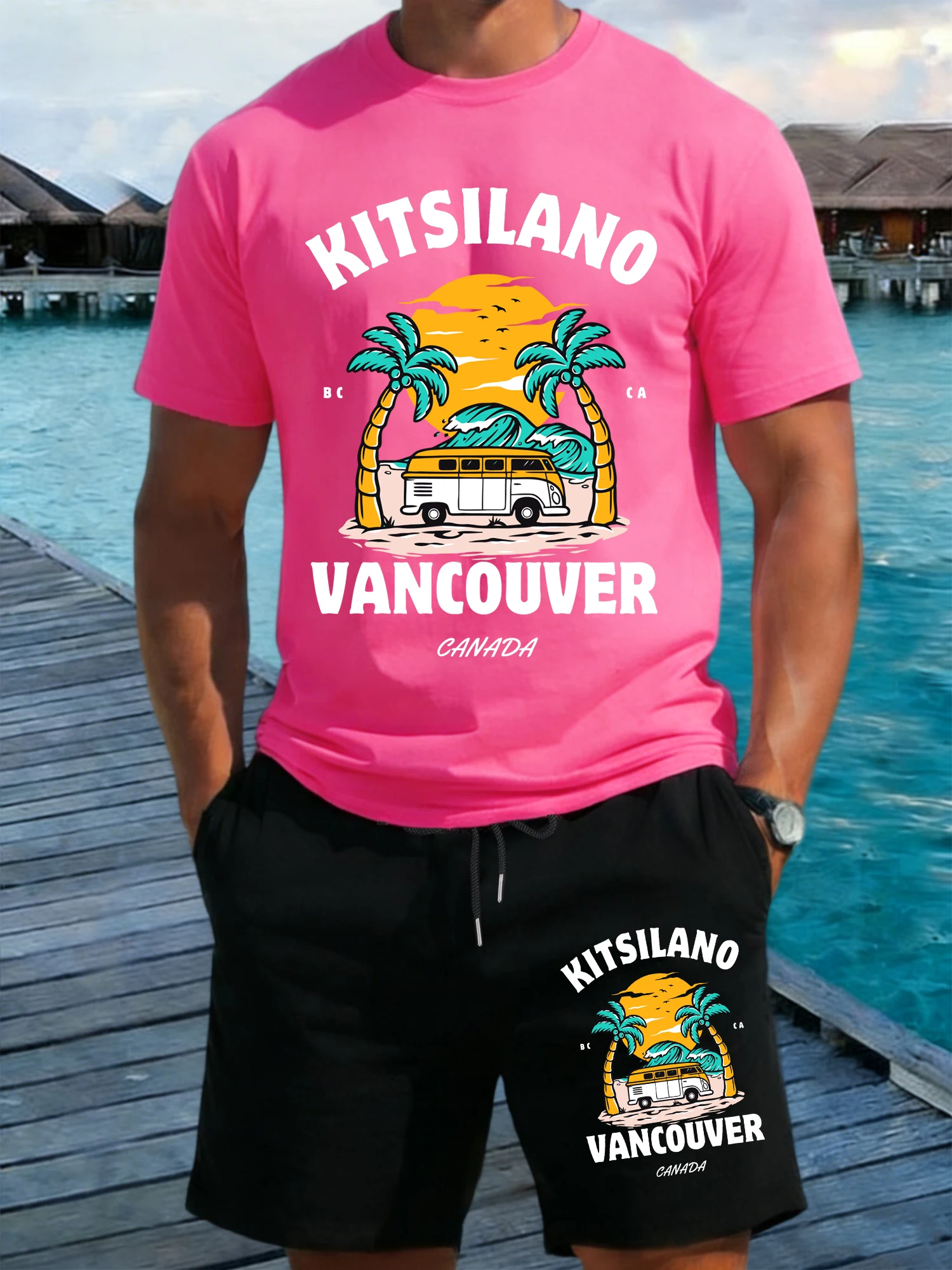 

Мужской комплект: футболка с принтом «Волна и кокосовая пальма» (Ванкувер, Канада) и летние шорты из хлопка с карманами и шнурком