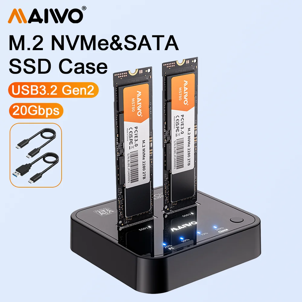 

MAIWO Dual-Bay M.2 NVMe SATA SSD Docking Station Adapter 20Gbps USB3.2 Gen2 USB C m2 External Enclosure Support Offline Clone