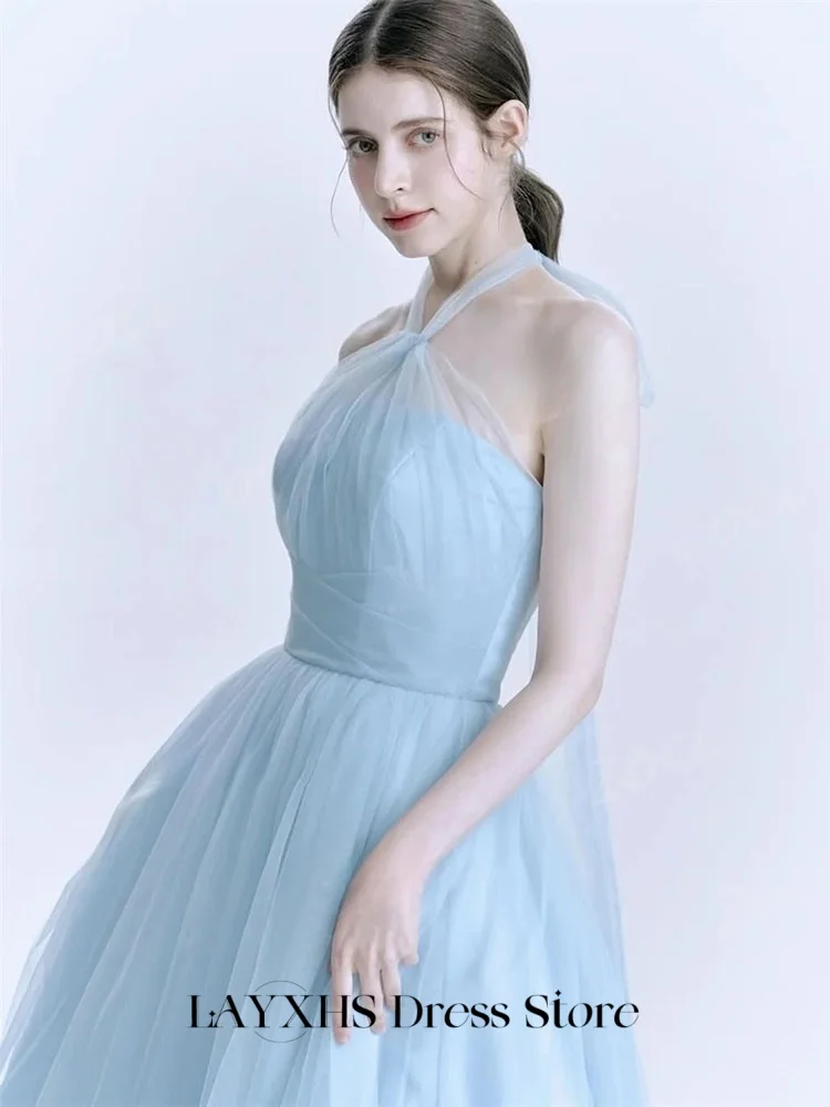 LAYXHS eleganckie suknie wieczorowe Korea Halter jasnoniebieski tiul linia A długość podłogi suknie ślubne dostosowana szata de mariée
