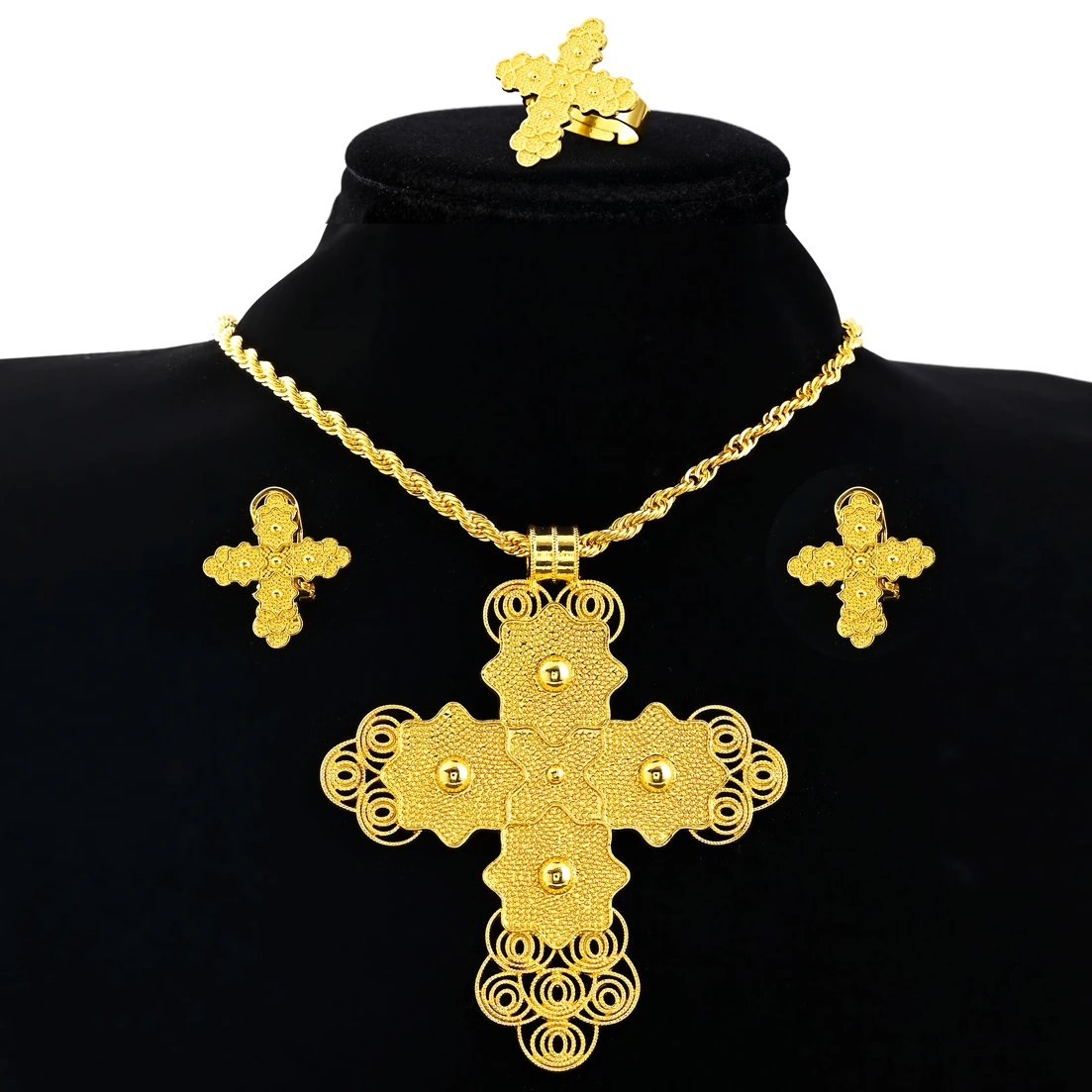 

African Gold Color Cross Jewelry Sets Ethiopian Eritrea Pendant Earrings Rings for Women Girls Engagement Things