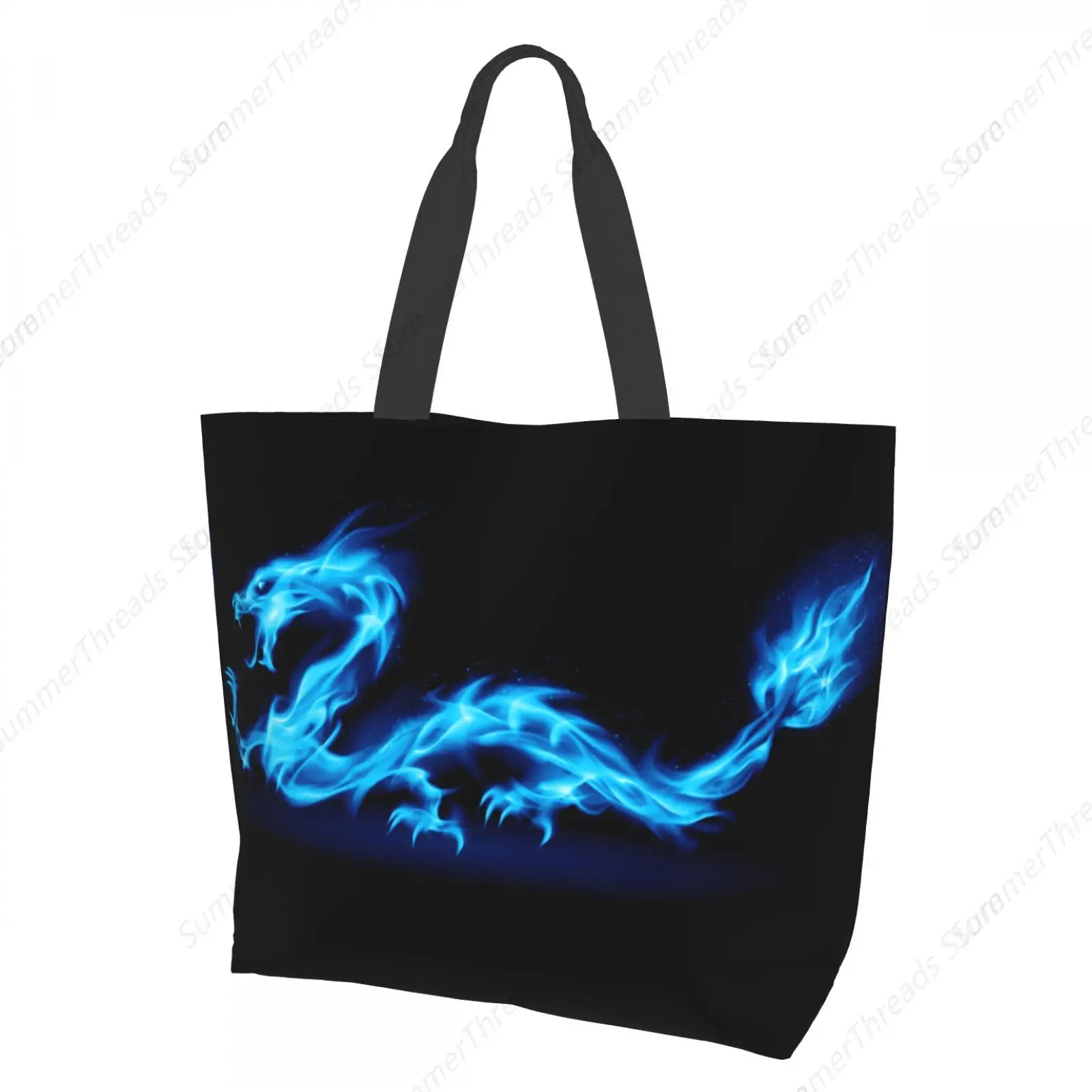 

Blue Flame Dragon Tote Bag for Women Large Print Bags Portable Beach Bag Reusable Grocery Bags Waterproof