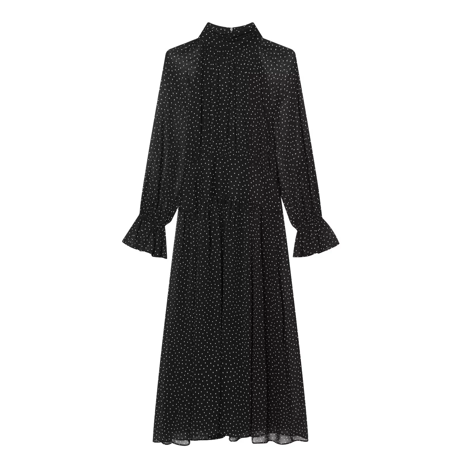 Lente- en zomercollectie: minimalistische damesjurk met polkadotprint, hoge hals, lange mouwen en geplooide decoratieve details