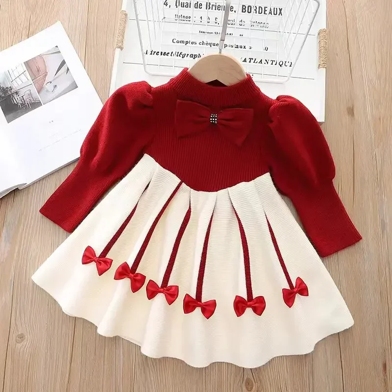 Abiti Casual per ragazze abito girocollo con fiocco maglione lavorato a maglia abbigliamento per bambini per abito da principessa in lana con