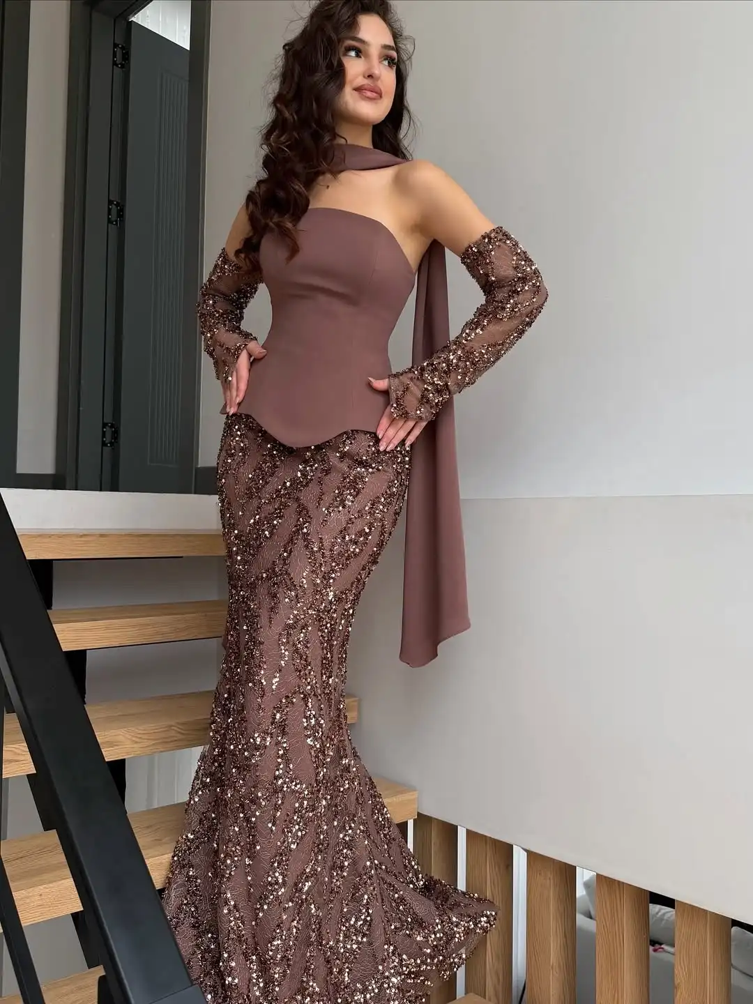 Customized Elegant Brown Two Piece Mermaid Evening Dress Women Strapless Beaded Long Sleeve Formal Prom Gown Haute Couture Dress