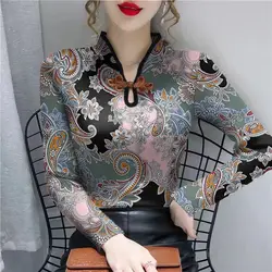 Women's Pullover V-Neck Button Hollow Out Bottom Autumn and Winter Fashion Chinese Style Long Sleeve Printed Slim T-shirt Tops