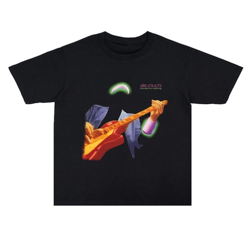 Bedrucktes, robustes Kurzarm-T-Shirt der Rockband Dire Straits im entspannten Vintage-Hip-Hop-Stil.