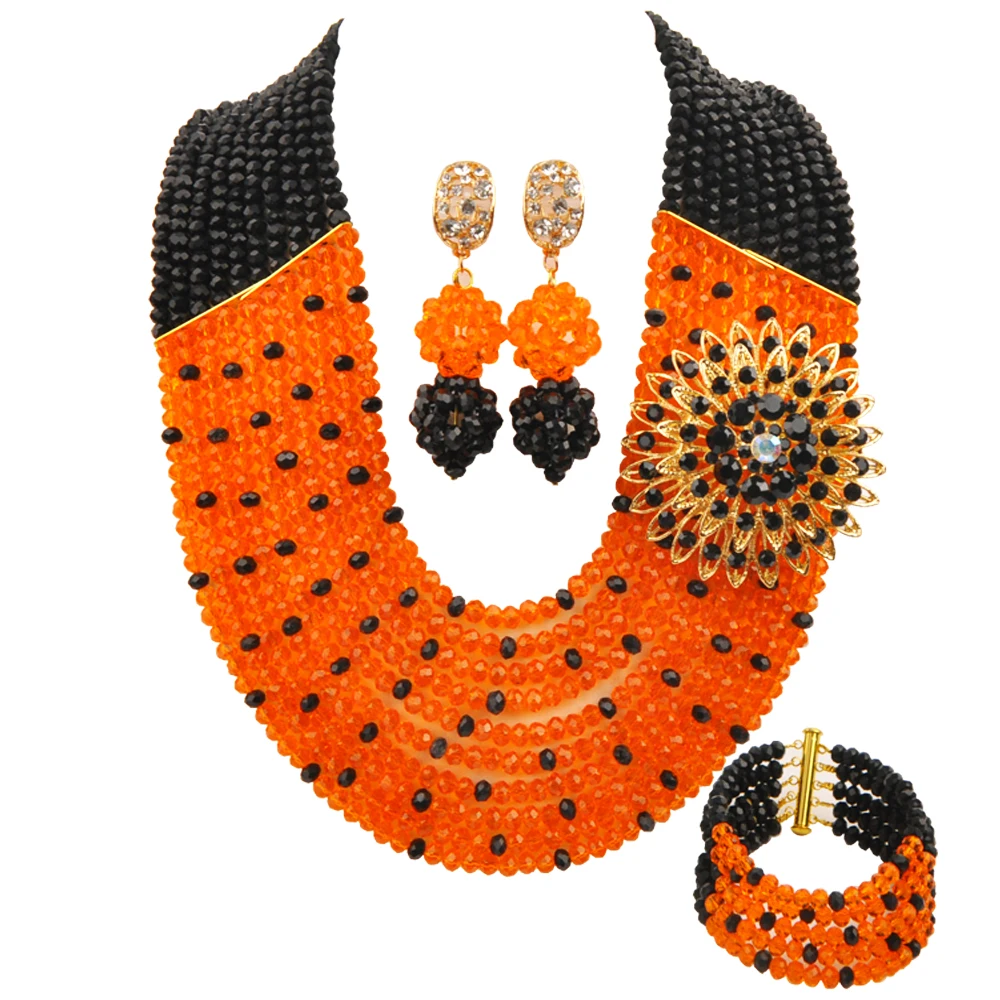 Laanc-Beads do casamento Africano, colar nigeriano, Crystal Set Jóias, preto e laranja