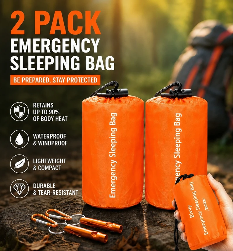 2 Pack Emergency Sleeping Bag Thermal Survival Blanket Portable Waterproof Shelter Bag for Camping Hiking Outdoor Gear